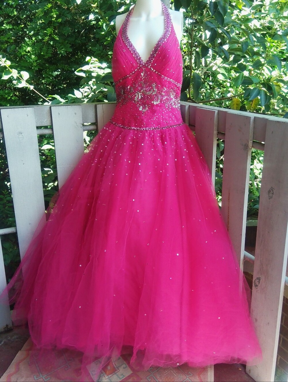 Mori Lee Pink Sequin Beaded Halter Tulle Princess Dress